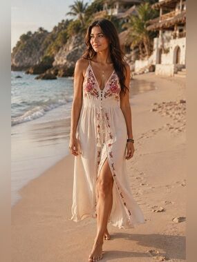 COCO Beige Embroidered Floral Maxi Dress | Boho Mexico Vacation Dress